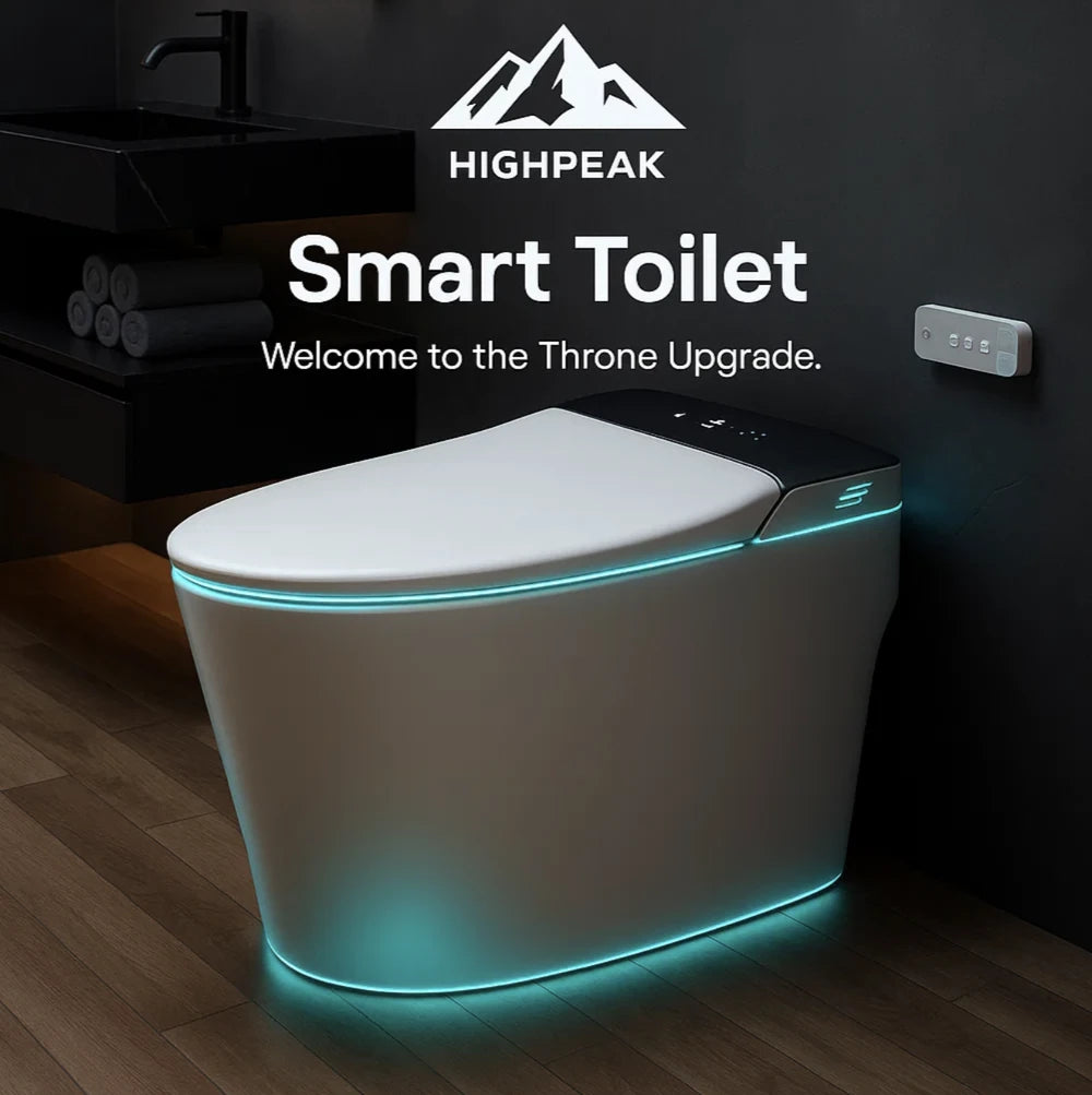 HighPeak Smart Toilet in white with blue LED lighting, sleek design, voice control, and remote in modern bathroom setting