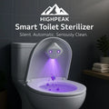 HighPeak Smart Toilet Sterilizer emitting purple UVC light inside a white toilet bowl in a modern bathroom setting