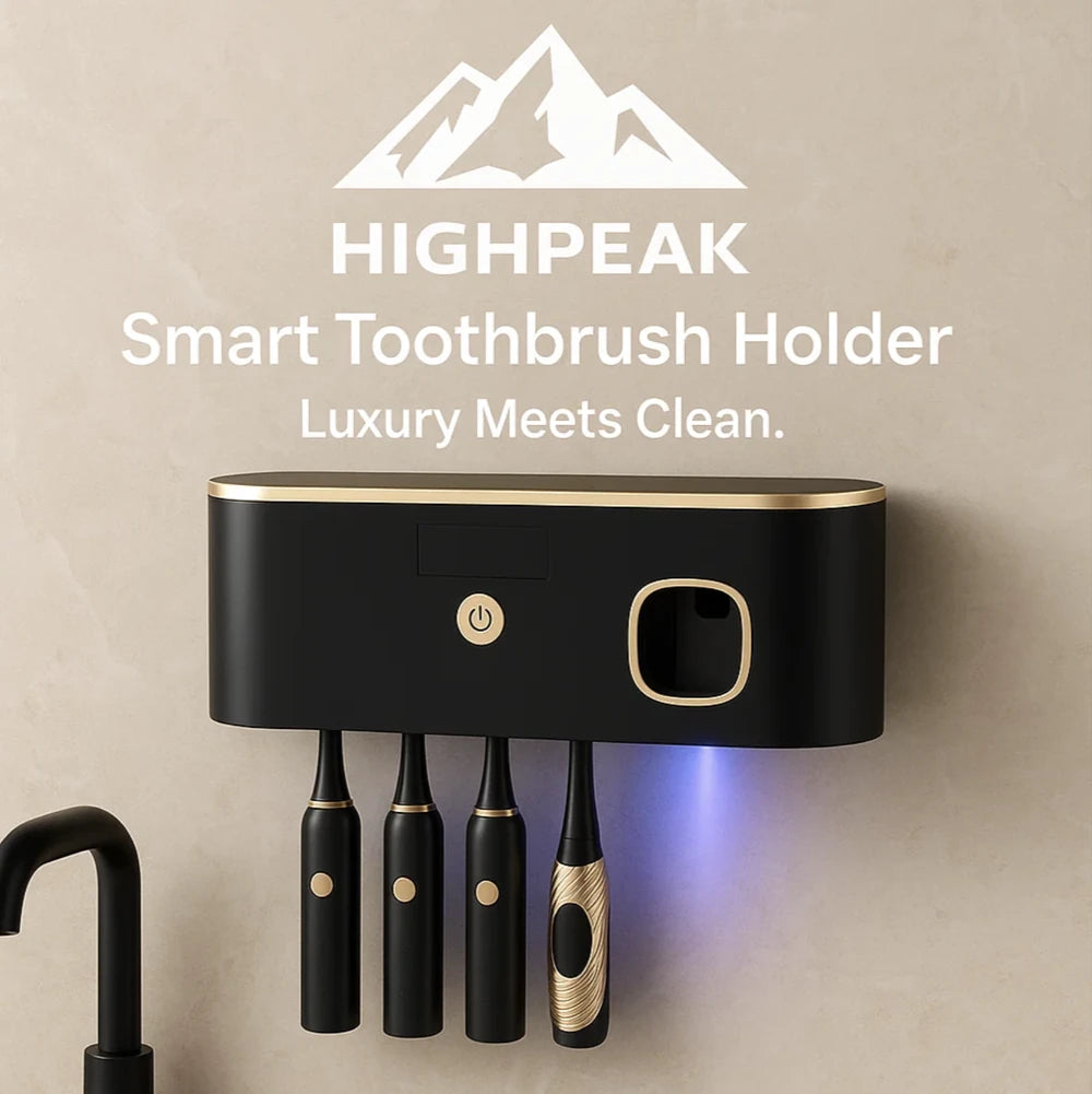 HighPeak Smart Toothbrush Holder in black with gold trim wall-mounted, storing four toothbrushes with touch-free toothpaste dispensing.