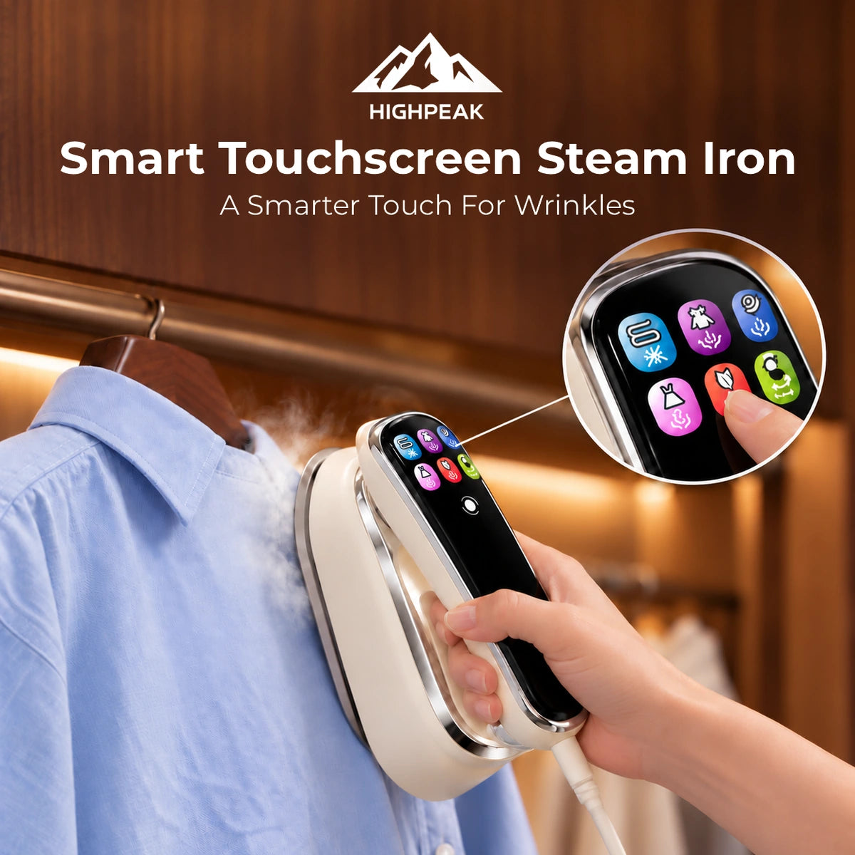 Smart touchscreen steam iron steaming a blue dress shirt with digital fabric controls