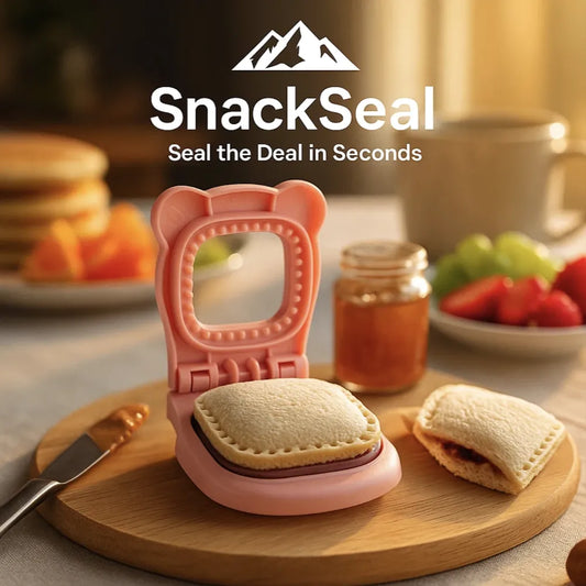 SnackSeal™ DIY Sandwich Cutter in pink on wood board with sealed sandwich, jam jar, and breakfast setup, HighPeak branding visible