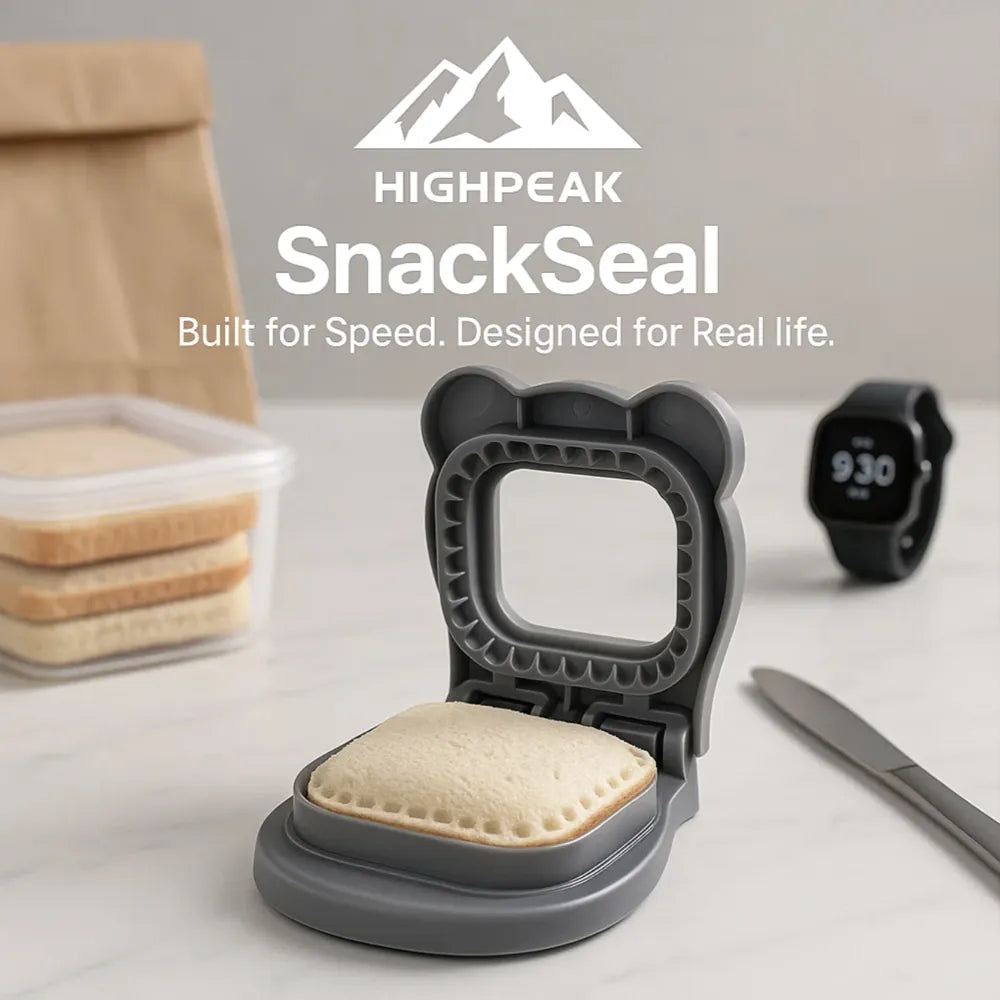HighPeak SnackSeal™ DIY Sandwich Cutter in gray sealing a crust-free sandwich pocket on a marble countertop