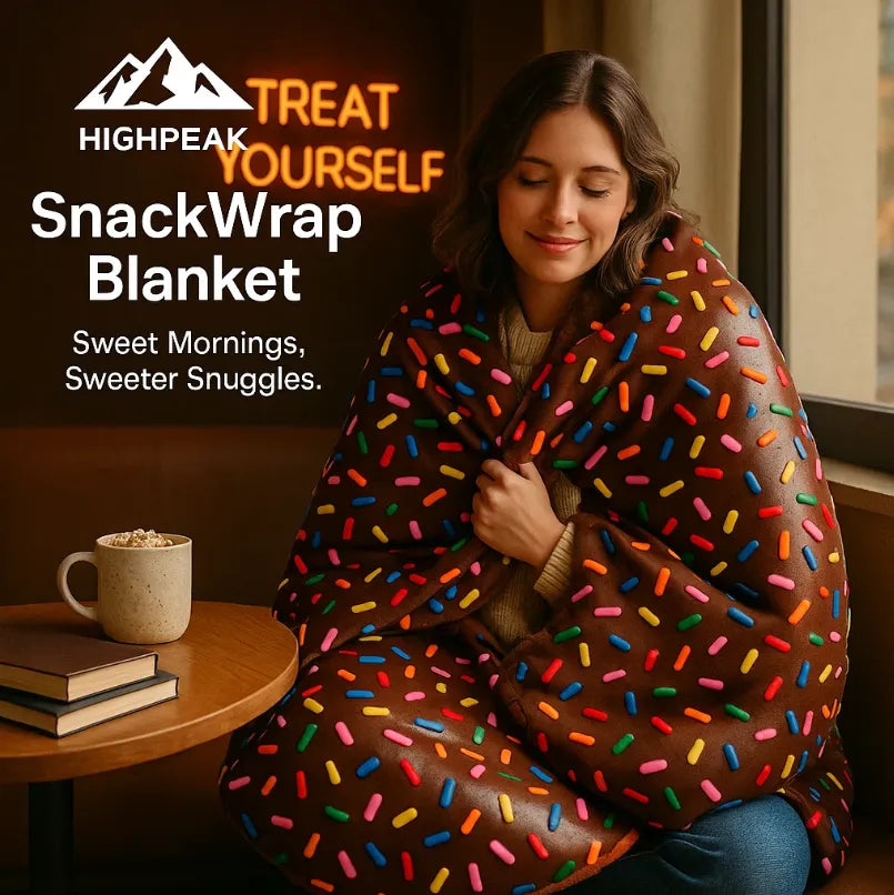 HighPeak Food Blanket in chocolate donut design with colorful sprinkles wrapped around a smiling woman indoors