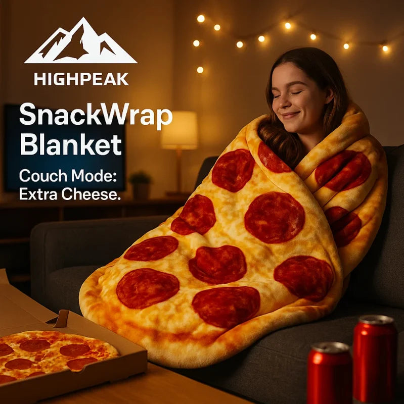 HighPeak Food Blanket pizza design in soft microfiber fleece wrapped around a smiling woman on a cozy couch