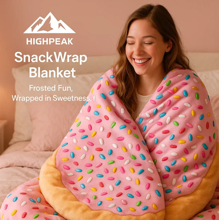 HighPeak Food Blanket SnackWrap in pink with colorful sprinkles wrapped around a smiling woman on a beige couch