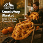 HighPeak Food Blanket in warm waffle design, soft microfiber fleece wrapped around person reading and sipping tea outdoors
