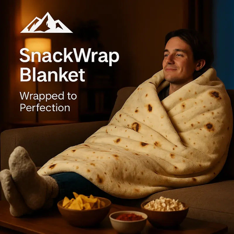 HighPeak Food Blanket in tortilla print wrapped around man on couch with snacks for cozy warmth and comfort