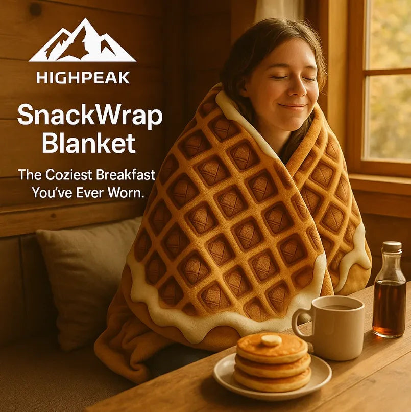 HighPeak Food Blanket waffle design wrapped around smiling woman by a window with coffee and pancakes nearby