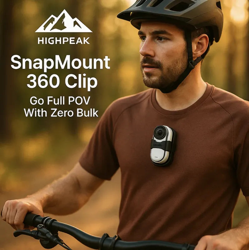 HighPeak SnapMount 360 Clip attached to a brown shirt, worn by cyclist with helmet, capturing hands-free POV footage outdoors