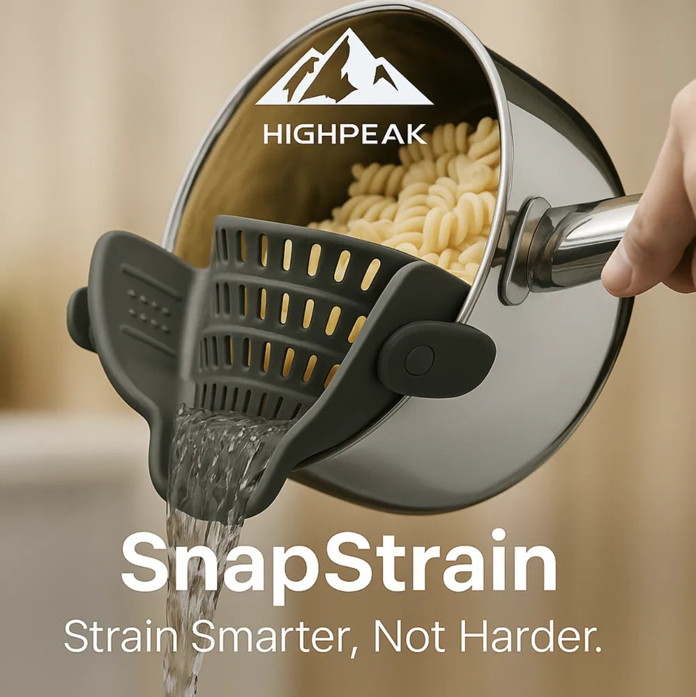 HighPeak SnapStrain™ clip on food strainer attached to pot draining pasta with water flowing out smoothly