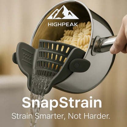 HighPeak SnapStrain™ clip on food strainer attached to pot draining pasta with water flowing out smoothly