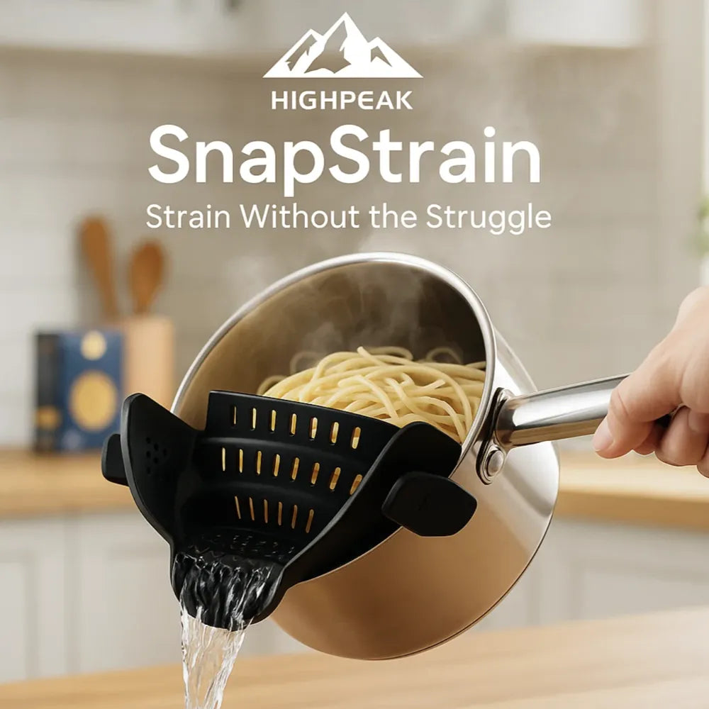 HighPeak SnapStrain™ clip-on black silicone food strainer draining hot pasta from stainless pot in kitchen setting