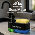 HighPeak SoapMate™ black soap dispenser with dual-chamber design and yellow sponge on kitchen counter