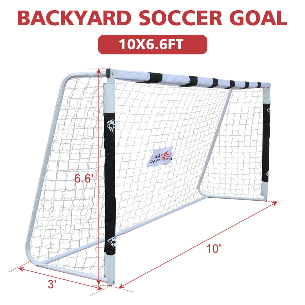 Backyard Soccer Goal by HighPeak in white steel frame with durable net, 10x6.6FT for backyard training and matches.
