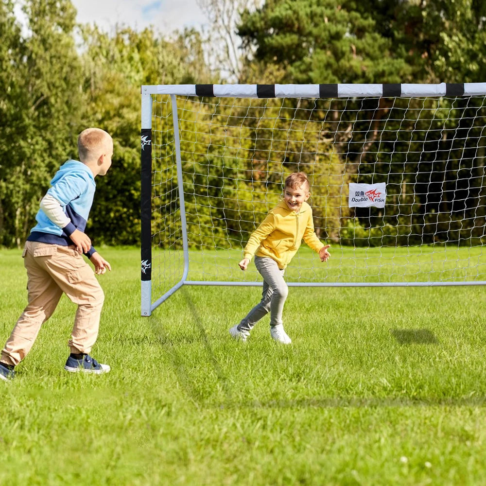 HighPeak Backyard Soccer Goal with black and white steel frame and durable net, kids playing on green lawn under clear sky