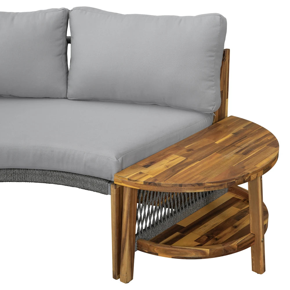 HighPeak U-Shaped Outdoor Sofa Set corner with gray cushions and natural acacia wood side table for outdoor lounging.