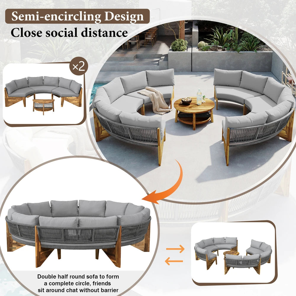 HighPeak U-Shaped Outdoor Sofa Set in gray with acacia wood frame and round coffee table in modern patio setting