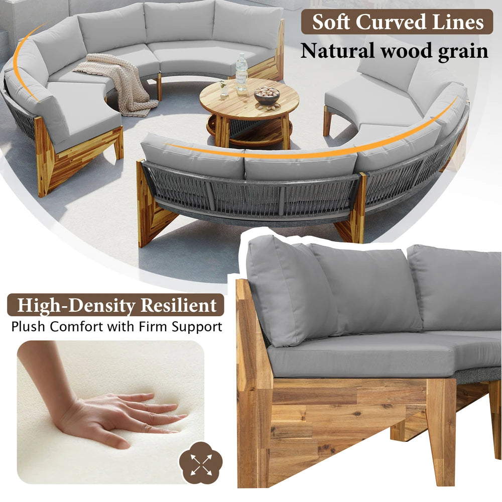 HighPeak U-Shaped Outdoor Sofa Set with gray cushions, natural wood frame, and round coffee table in bright setting