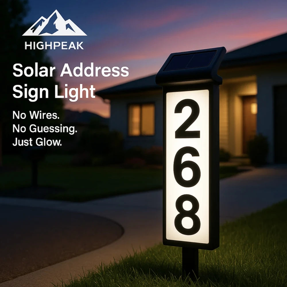 HighPeak Solar Address Sign Light glowing white with black frame mounted on lawn in front of house at dusk