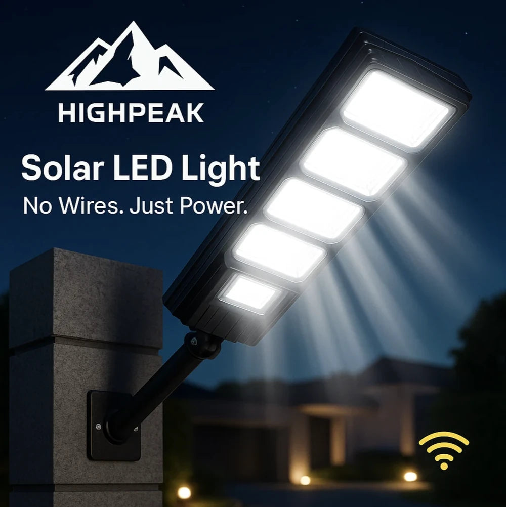 HighPeak Solar LED Light mounted on a black pole at night, emitting bright white light with wireless remote control features.