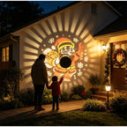 Solar Santa Projection Light shown illuminating a festive house entryway with Santa patterns
