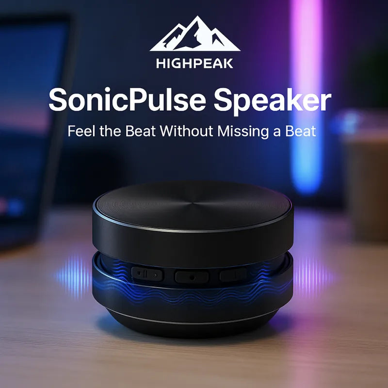 HighPeak SonicPulse Speaker in black on wood surface with blue sound waves, showcasing compact Bluetooth speaker technology