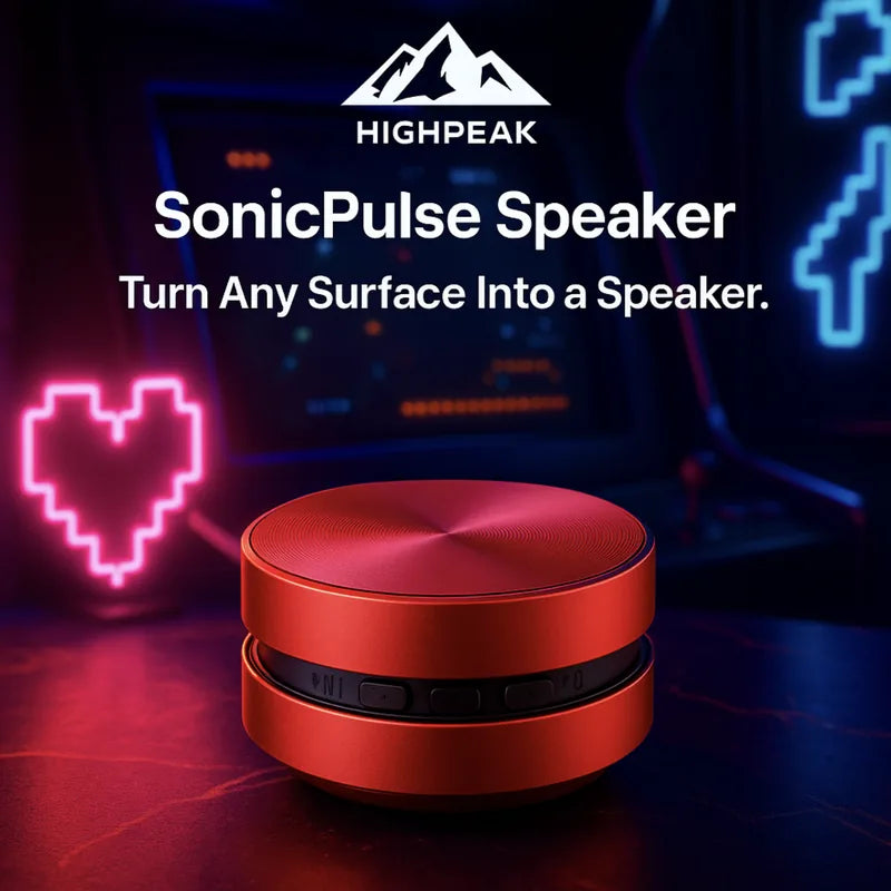 HighPeak SonicPulse Speaker in red on a desk with neon heart and pixel art, showcasing compact Bluetooth speaker design