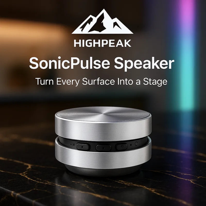 HighPeak SonicPulse Speaker in silver on black surface showcasing compact bone conduction sound technology and sleek design