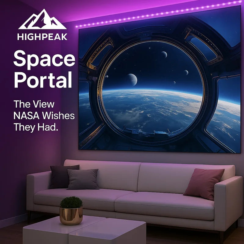HighPeak Space Portal tapestry showing a sci-fi space station window with Earth view, hung above a modern couch.