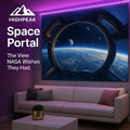 HighPeak Space Portal tapestry showing a sci-fi space station window with Earth view, hung above a modern couch.