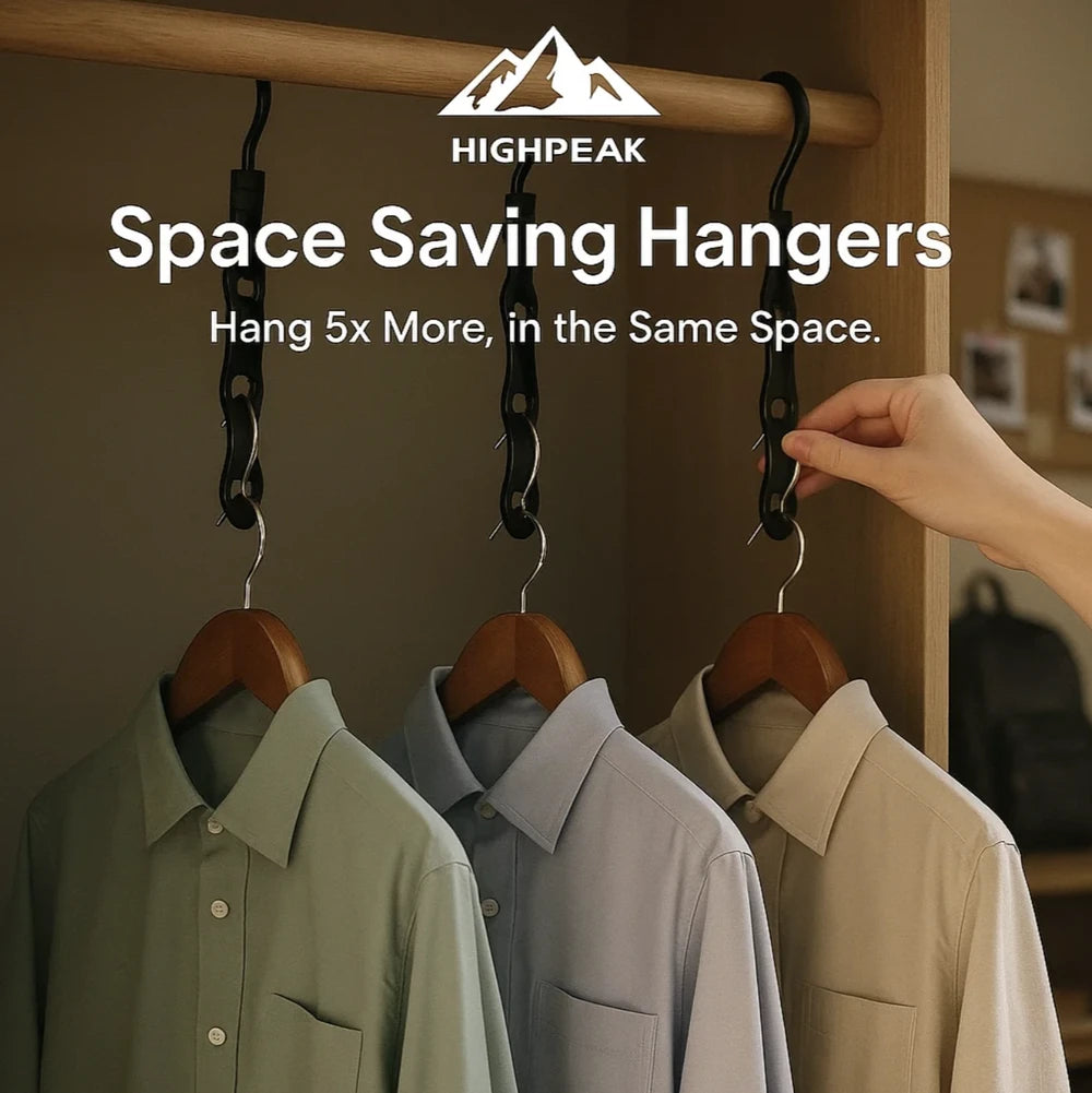 HighPeak Space-Saving Clothes Hangers in black holding five shirts each on a wooden closet rod for efficient storage