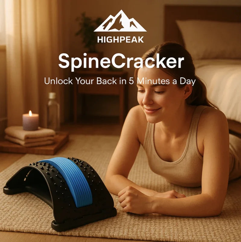 HighPeak SpineCracker black and blue back stretcher with acupressure points on carpet beside smiling woman indoors