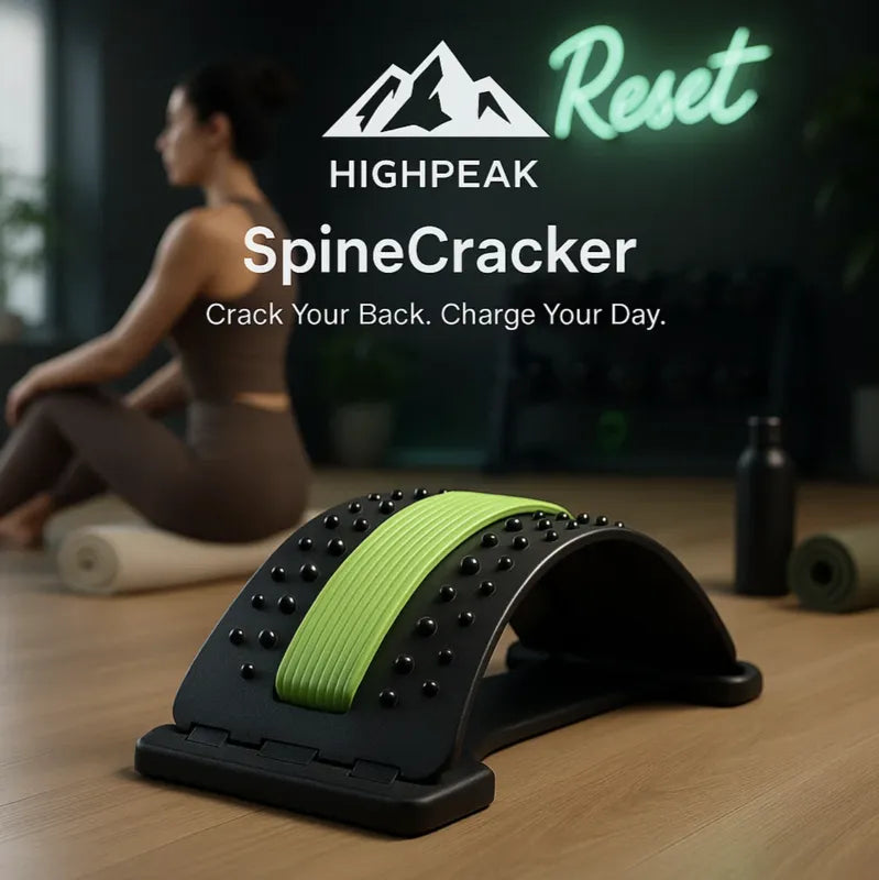 HighPeak SpineCracker black and green back stretcher with massage points on yoga studio floor, woman stretching in background