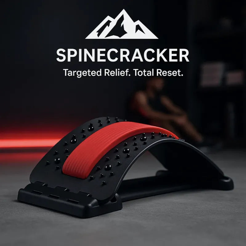 HighPeak SpineCracker back stretcher with red adjustable arch and massage points on dark floor for targeted relief