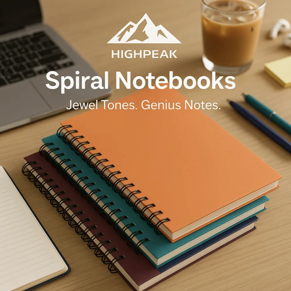 HighPeak Spiral Notebooks 12 Pack in jewel tones stacked on a desk with pens and coffee nearby for note-taking.
