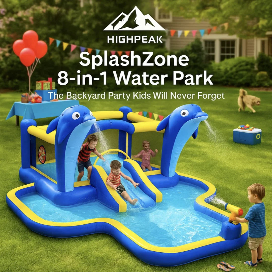 HighPeak SplashZone 8-in-1 Inflatable Water Park in blue with dolphin sprayers and slide in a backyard setting