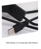 Spotted Cheetah Premium Lamp cord detail showing a USB-A plug and inline rocker switch, with wiring labeled 1.5 m.