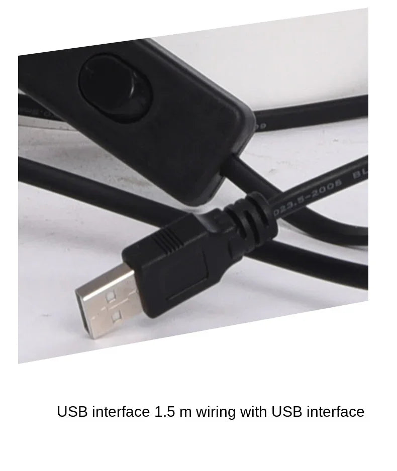 Spotted Cheetah Premium Lamp cord detail showing a USB-A plug and inline rocker switch, with wiring labeled 1.5 m.