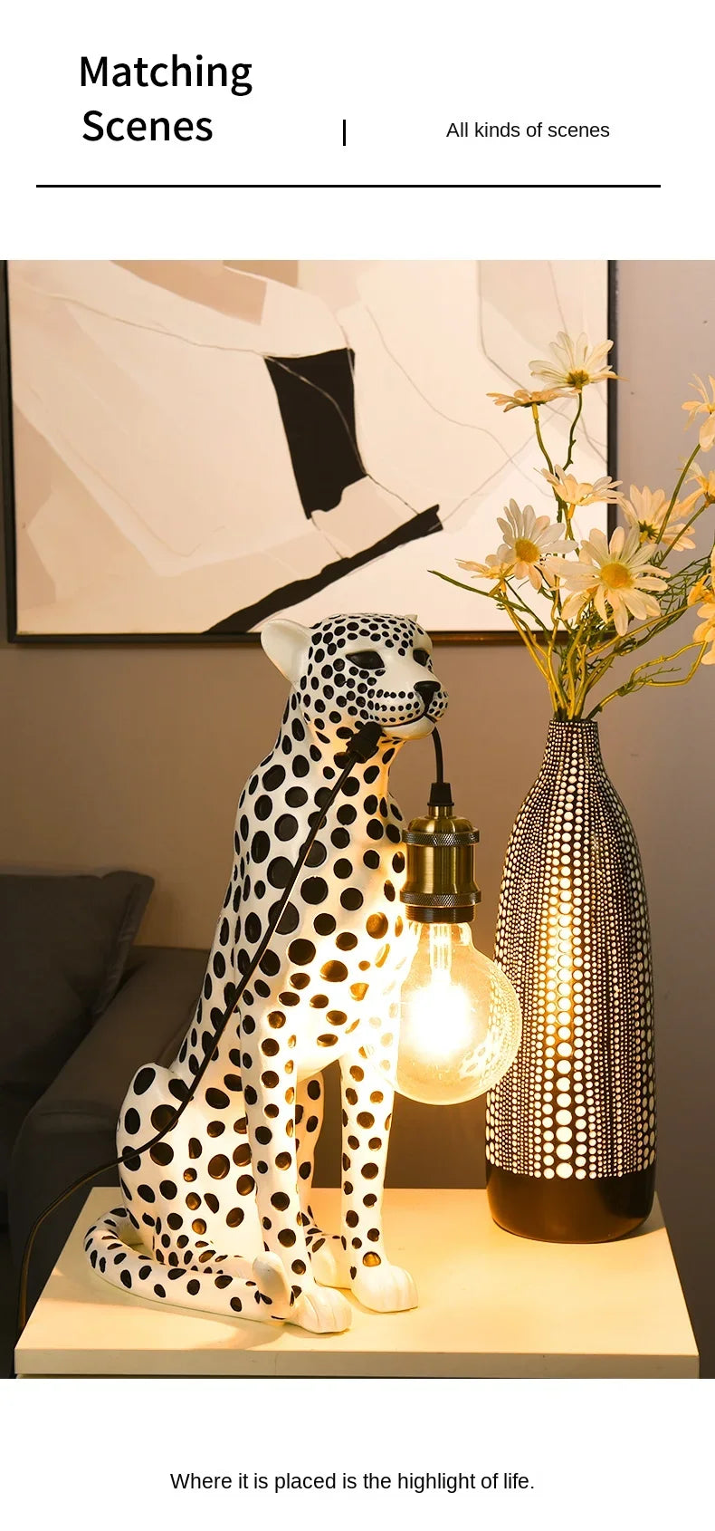 White Spotted Cheetah Premium Lamp with a glowing bulb beside a daisy-filled patterned vase in a styling graphic.
