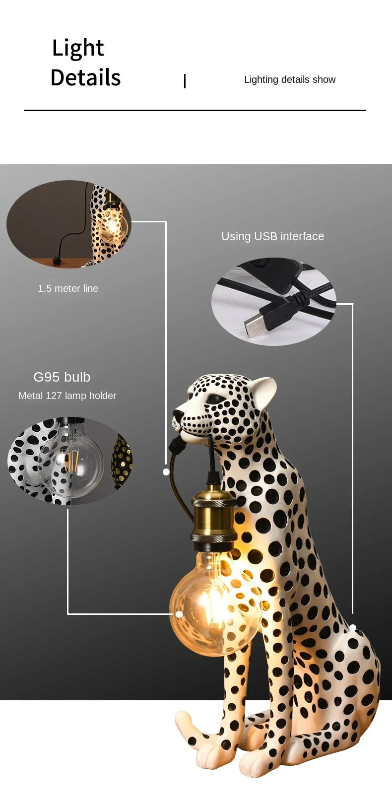 Spotted Cheetah Premium Lamp lighting diagram showing a globe bulb, USB plug and cord labeled 1.5 meters.