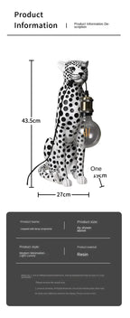 White Spotted Cheetah Premium Lamp size diagram showing 43.5 cm height, 27 cm width, 19 cm depth and resin material.