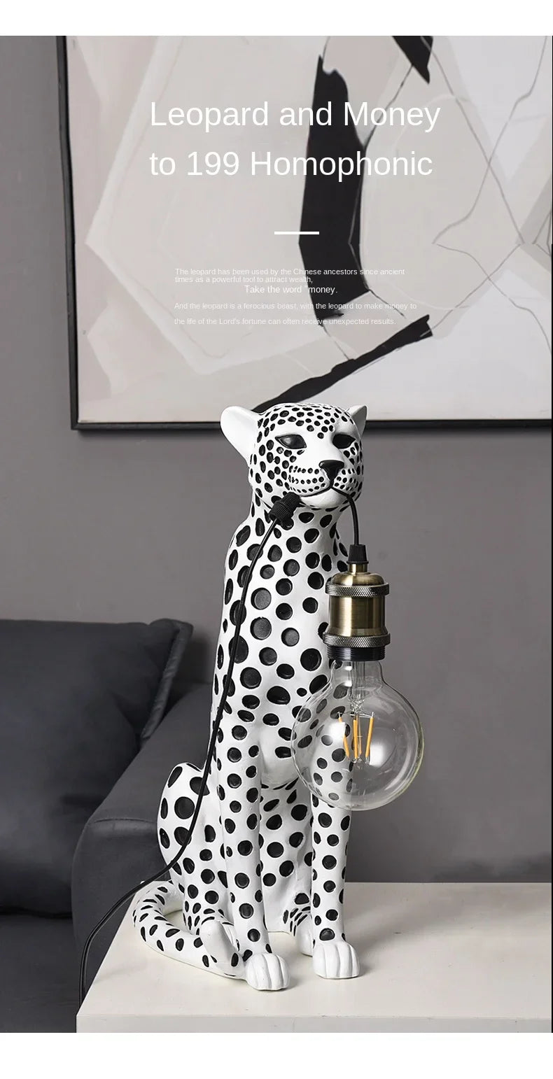 White Spotted Cheetah Premium Lamp shown with its bulb off beneath supplier promotional text in a living-room setting.