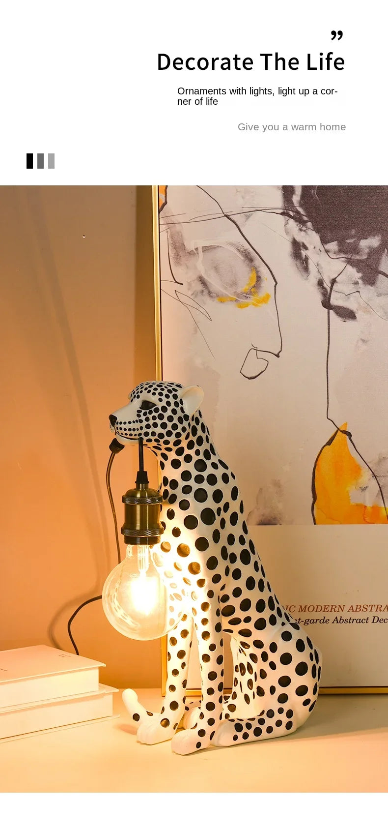White Spotted Cheetah Premium Lamp glowing beside books and artwork in a supplier home-decor lifestyle graphic.