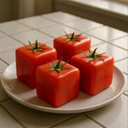 Cube-shaped tomatoes arranged on a serving plate
