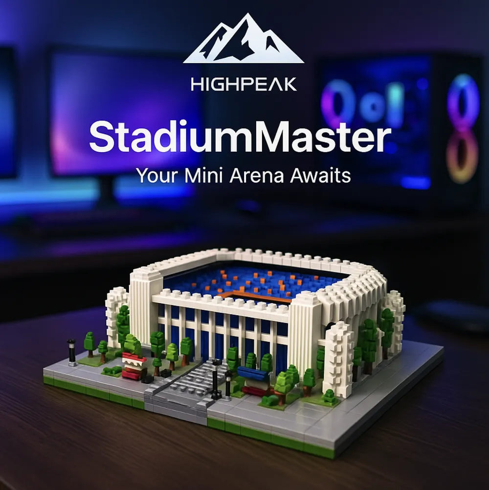 HighPeak StadiumMaster™ building block set showcasing a detailed white football stadium model on a wooden desk.