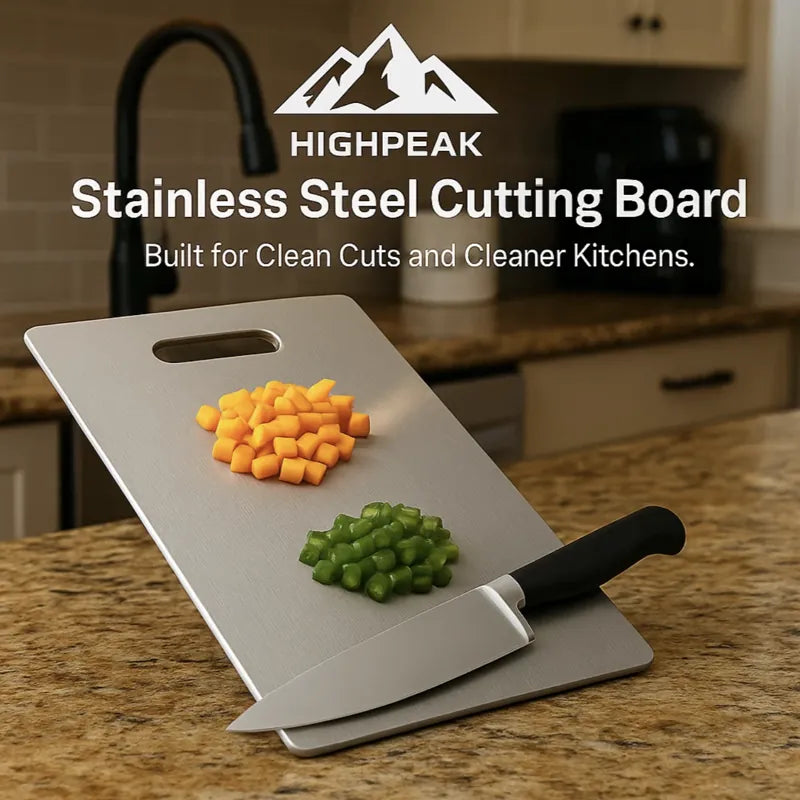 HighPeak Stainless Steel Cutting Board with handle on kitchen counter, diced veggies and chef knife included