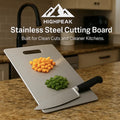 HighPeak Stainless Steel Cutting Board with handle on kitchen counter, diced veggies and chef knife included