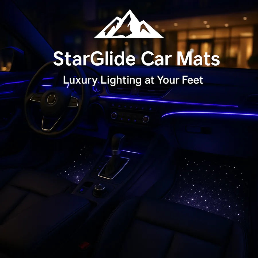 StarGlide LED Car Mats glowing with blue luxury lighting in a sleek car interior by HighPeak