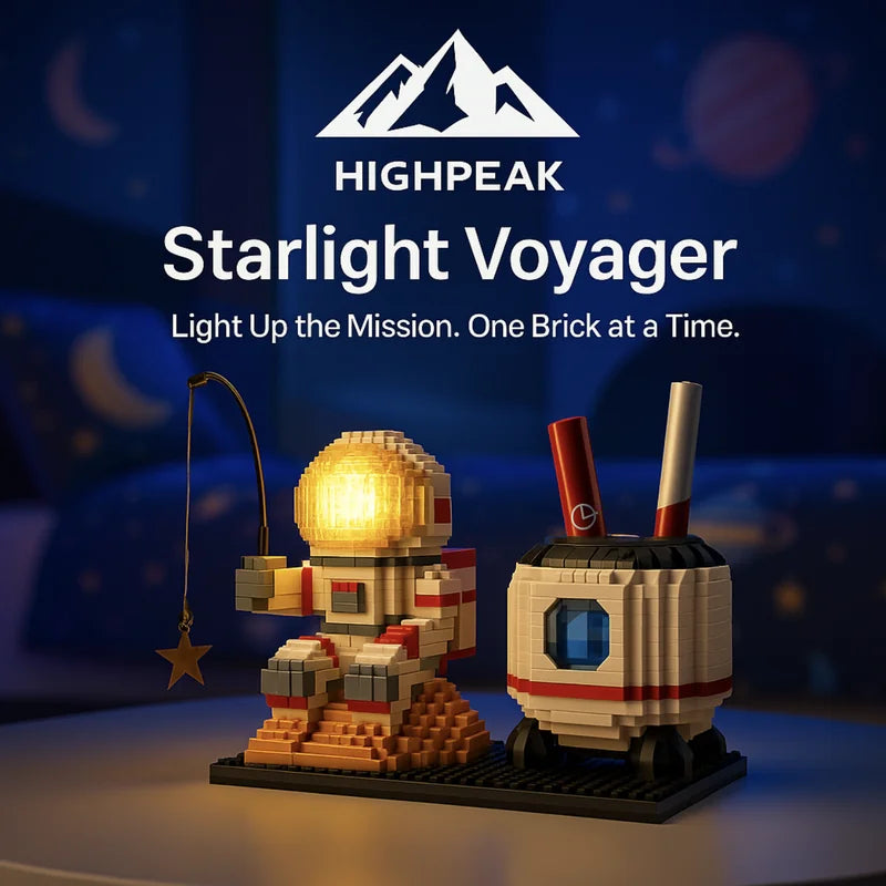 HighPeak Starlight Voyager with glowing LED astronaut and modular spacecraft on a nightstand in a dark room