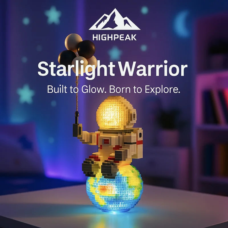HighPeak Starlight Voyager astronaut model with glowing LED helmet and Earth base holding balloons in a dark room ambiance